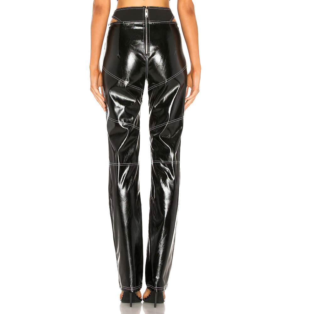 Back view of women's stylish black PU leather pants with hollow cut on waist and contrast line stitching.