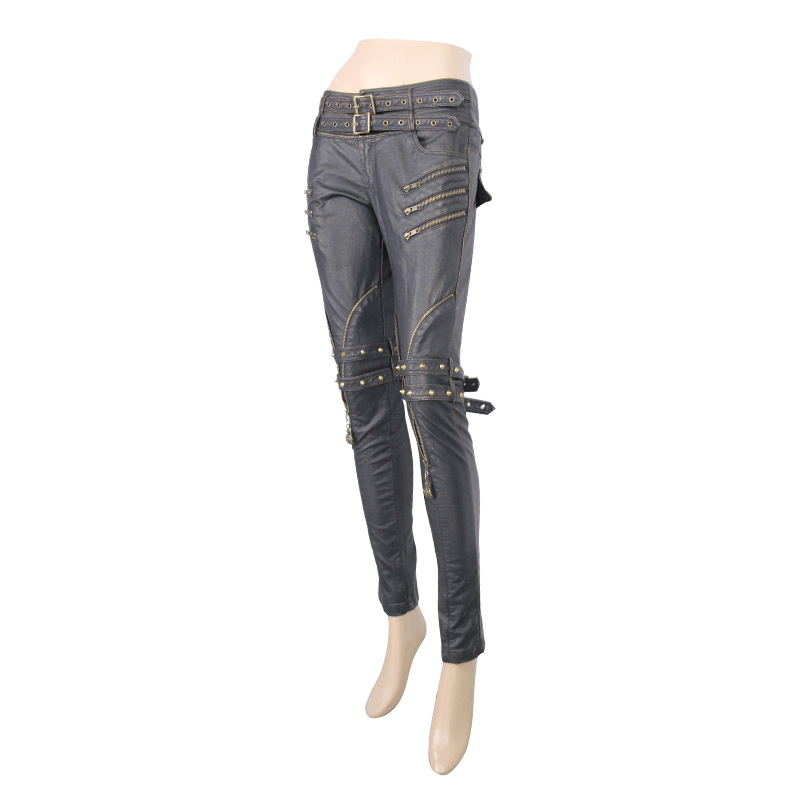 Women's Zippers Tight Pants with Belts / Steampunk PU Leather Pants / Rock Style Trousers - HARD'N'HEAVY