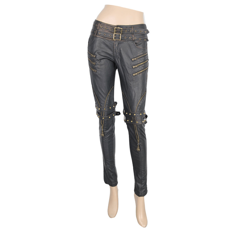 Women's Zippers Tight Pants with Belts / Steampunk PU Leather Pants / Rock Style Trousers - HARD'N'HEAVY
