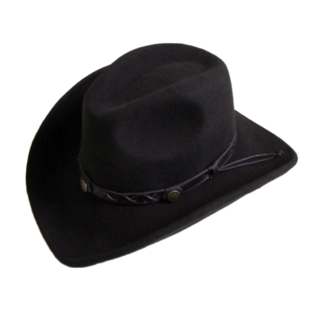 Stylish black wool bowler hat with leather strap and rivets, perfect for cowboy parties or rock fashion outfits.