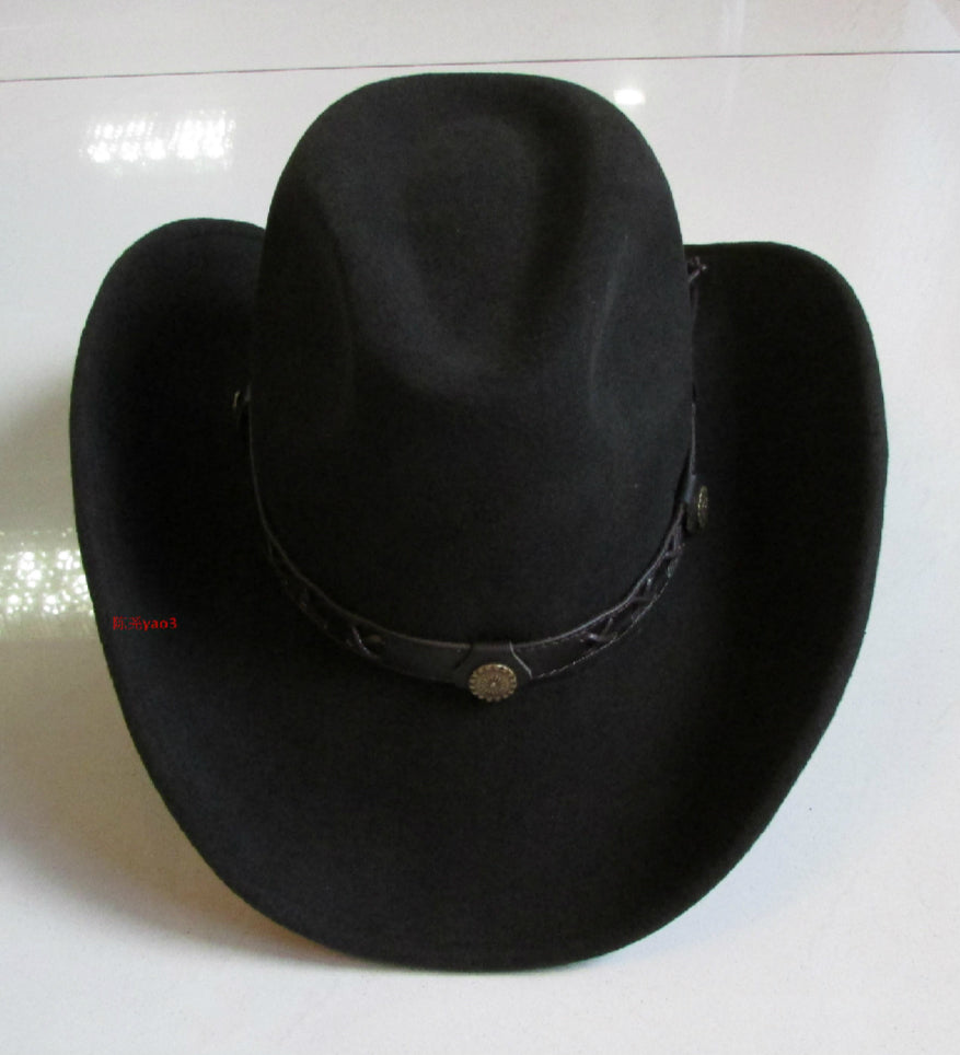 Stylish black wool cowboy hat with a leather strap and rivets for rock and rave outfits.