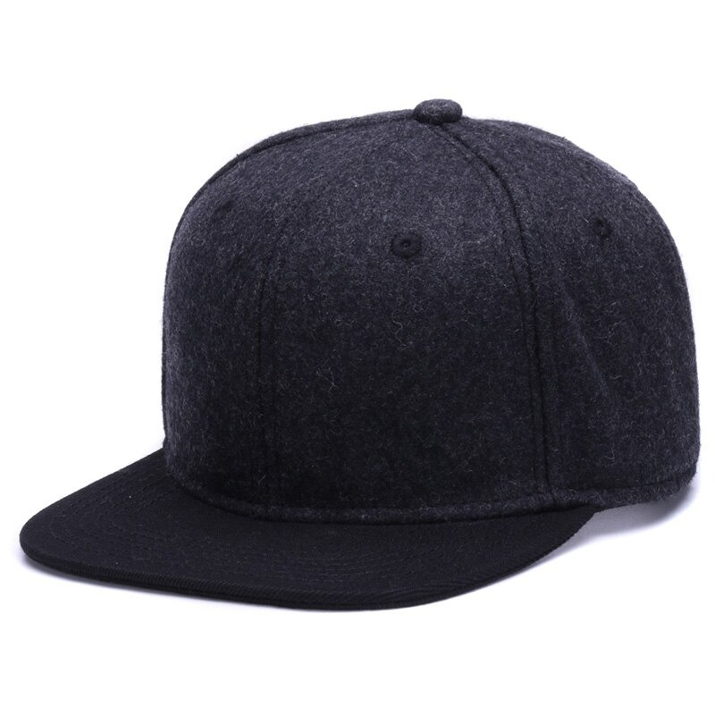 Trendy black wool snapback baseball cap with flat brim for men and women, perfect casual accessory.