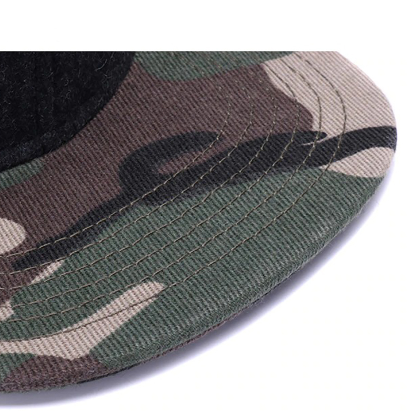 Close-up of a camouflage flat brim of a stylish black baseball cap, perfect for casual rock punk outfits.