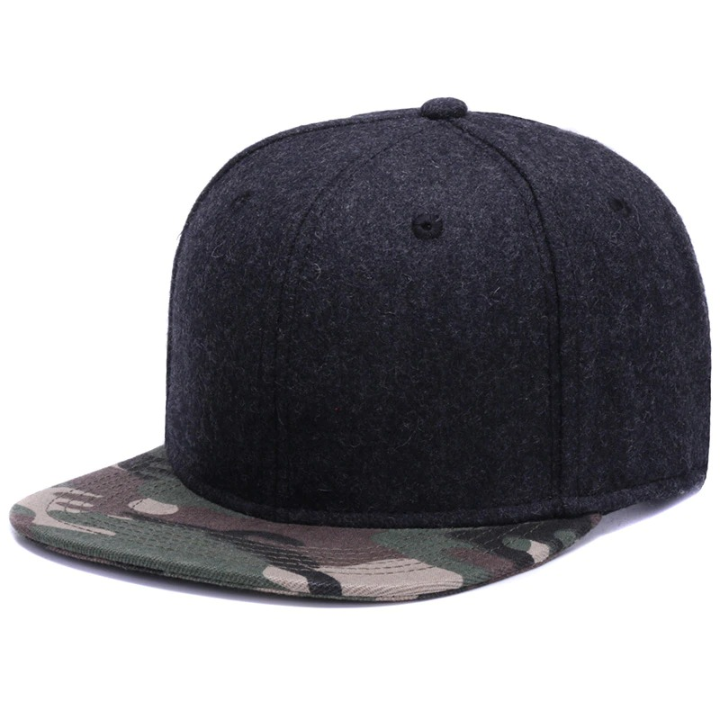 Black wool snapback baseball cap with camo flat brim, trendy casual style for men and women.