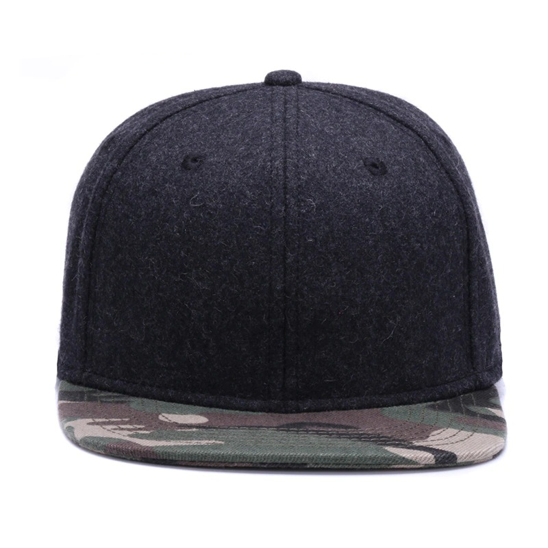 Black wool snapback baseball cap with camo flat brim, trendy casual hat for men and women.