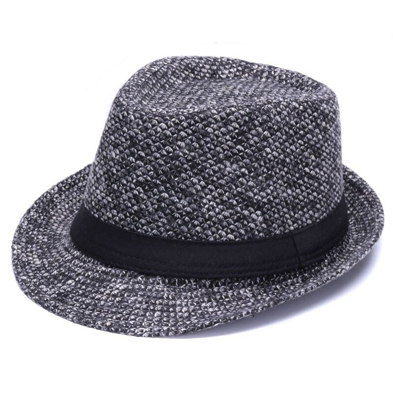 Woolen felt fedora hat in gray with black ribbon band, stylish casual accessory for gentlemen.