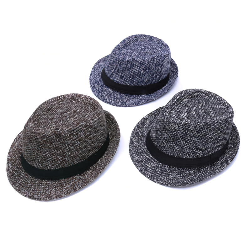 Woolen felt fedora hats in brown, gray, and navy with black ribbon bands for a stylish gentleman's look.
