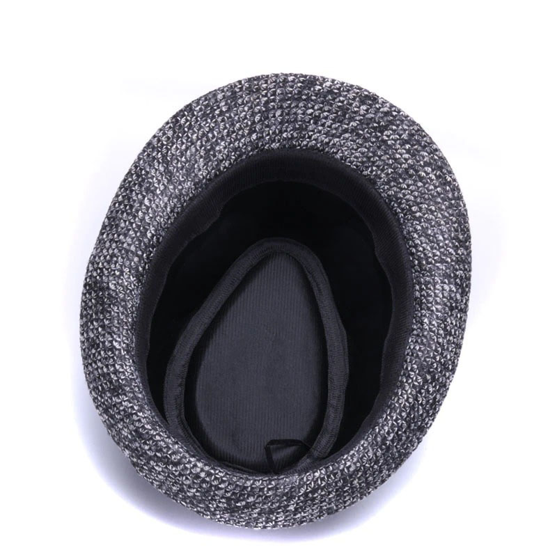 Interior view of a stylish woolen felt fedora hat in gray, showcasing its comfy lining and classic retro design.