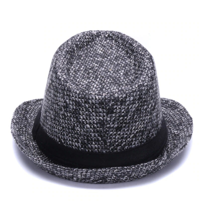 Stylish woolen felt fedora hat in grey with a classic black ribbon band, perfect for a gentleman's casual look.