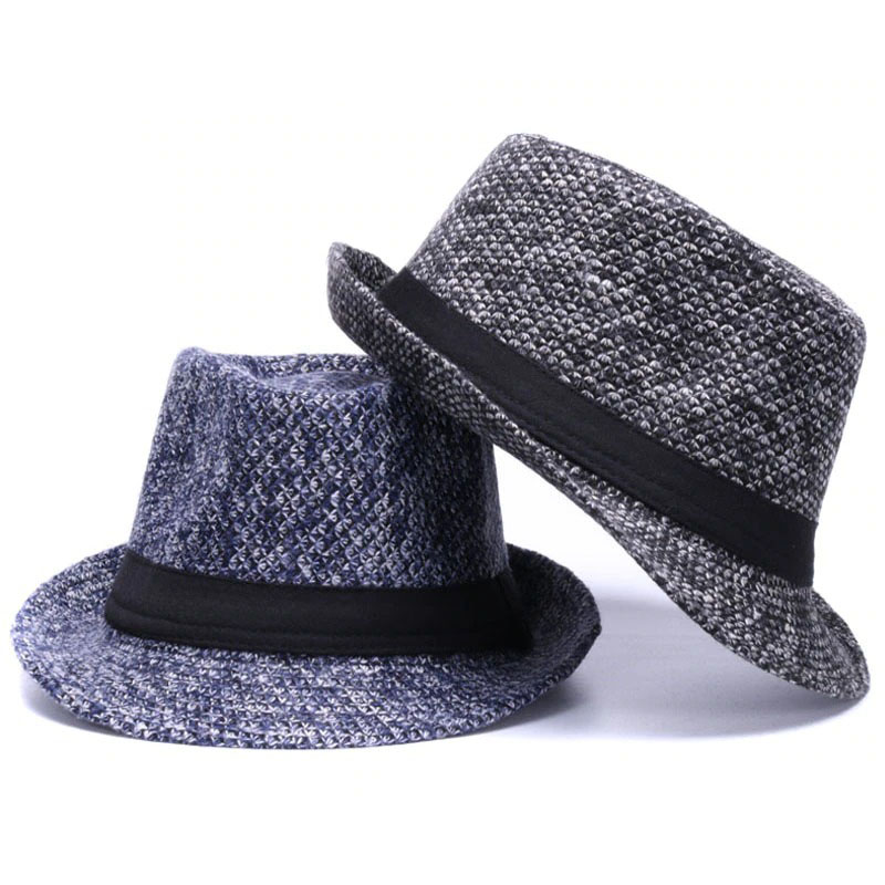 Woolen felt fedora hats in blue and gray with black ribbon bands, stylish casual accessories for gentlemen.