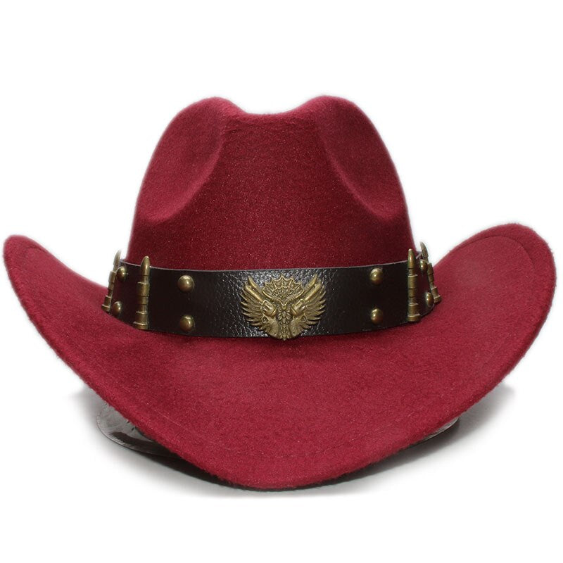 Stylish red woollen cowboys hat with leather belt and decorative emblem, perfect for costume parties.