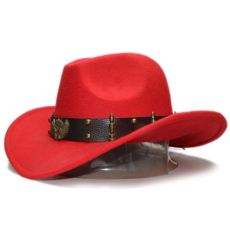 Red woollen fedora hat with leather belt and rivets, perfect for cowboy and rock style outfits.