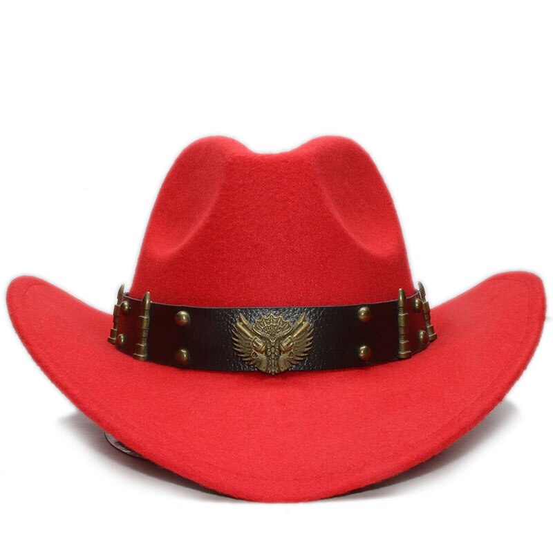 Vibrant red wool fedora hat with leather band and decorative rivets for cowboy or rock style parties.