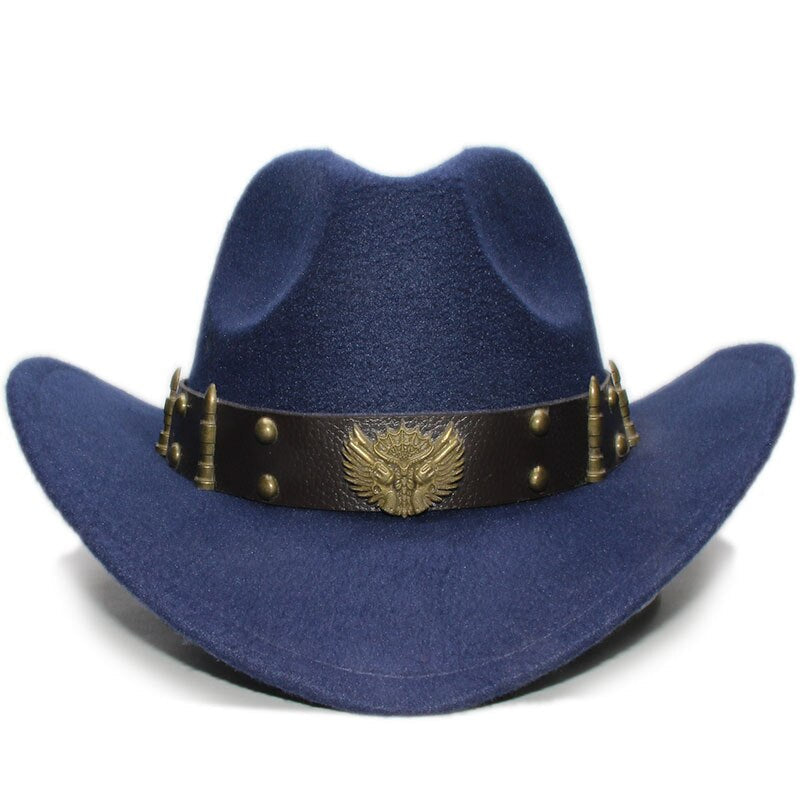 Navy wool cowboy hat with leather belt and eagle buckle, perfect for stylish costume parties or western-themed events.