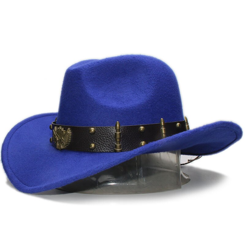 Vibrant blue woollen fedora hat with leather belt and decorative rivets, perfect for cowboy style parties.