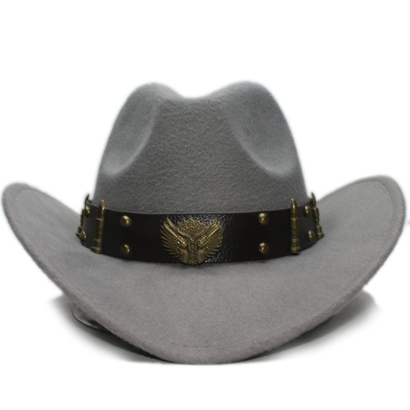 Stylish grey woollen cowboy hat with a leather belt and decorative metal emblem.
