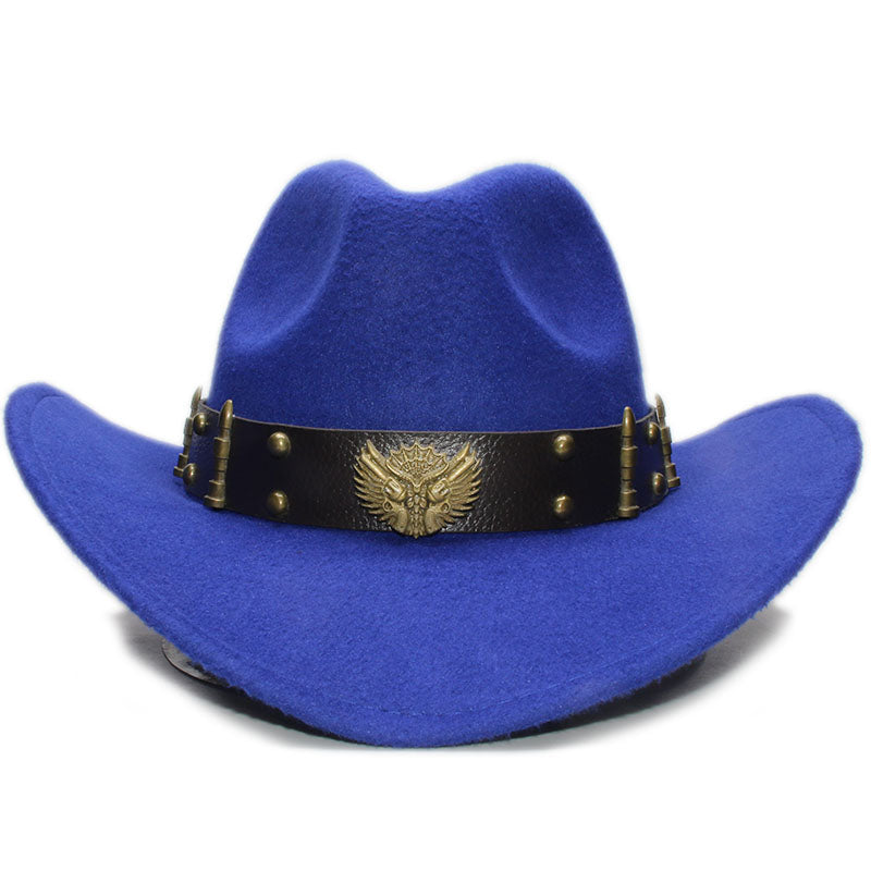 Vibrant blue wool cowboy hat with leather belt and decorative bronze emblem, perfect for costume parties and stylish outfits.