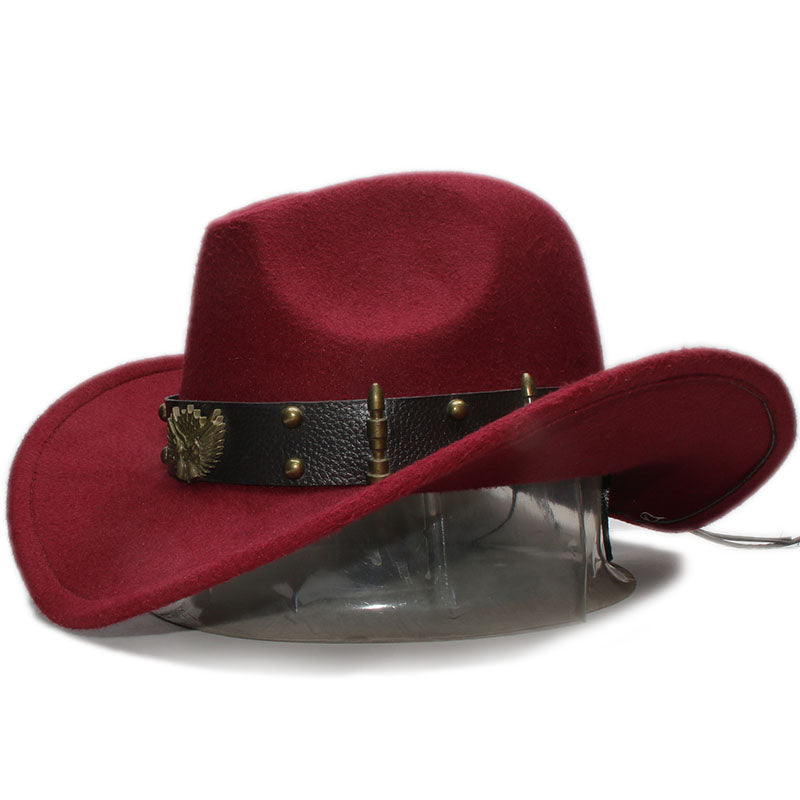 Stylish maroon wool fedora hat with leather belt and rivets, perfect for cowboy and rock style enthusiasts.