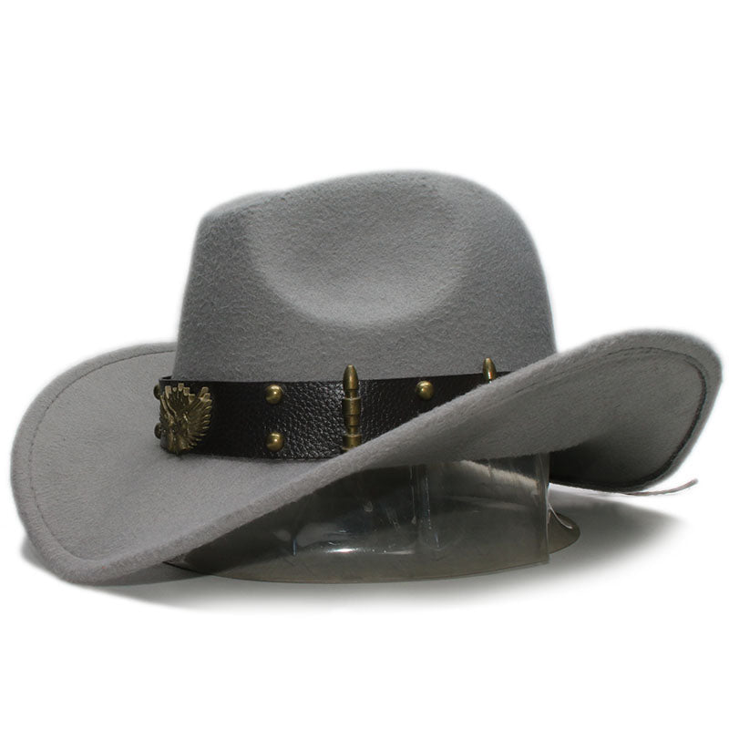 Gray wool fedora hat with leather belt and rivets, perfect for cowboy and rock style outfits.