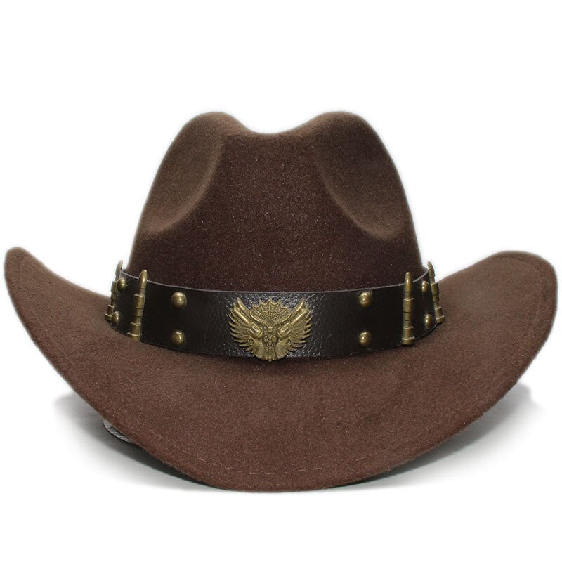 Brown woollen cowboy hat with leather belt and decorative rivets, perfect for stylish parties.