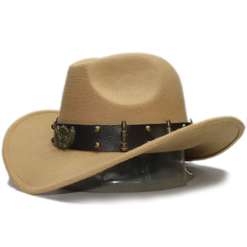 Stylish woollen fedora hat in beige with a leather belt and decorative rivets, perfect for cowboy and costume parties.