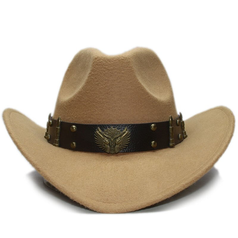 Woollen cowboy hat with large brim and leather belt featuring a decorative metal emblem, perfect for parties.