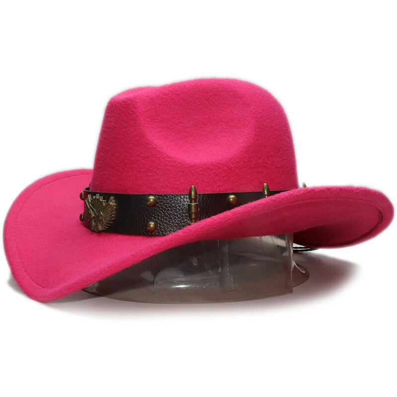 Vibrant pink woollen fedora hat with leather belt and rivets, perfect for cowboy and rock style events.
