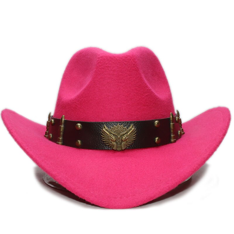 Bright pink woollen cowboy hat with a stylish leather belt and decorative rivets.