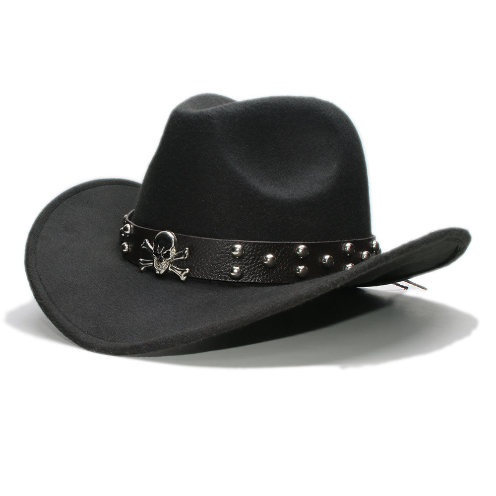 Woollen Fedoras Hats with Skull / Alternative Fashion Retro West Cowboy Hat / Wide Rims Bowler Hat - HARD'N'HEAVY
