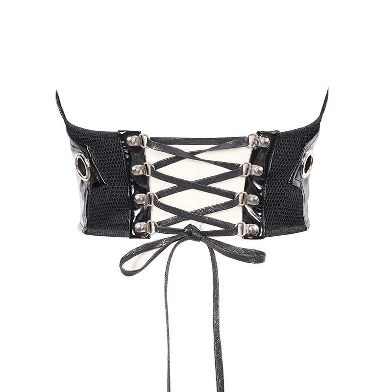 Woven black riveted corset belt for women, featuring silver rivets and lace-up design, perfect for gothic outfits.