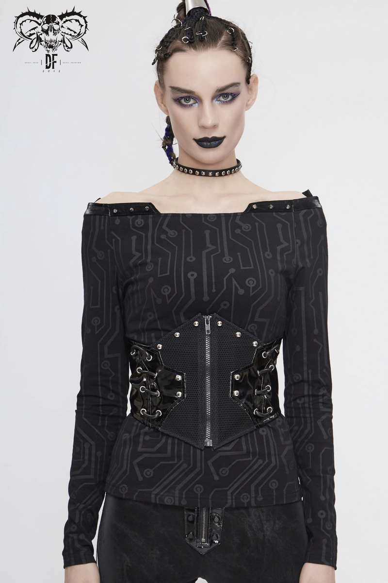 Woman in a black off-shoulder top with a riveted corset, rocking a gothic and steampunk style.