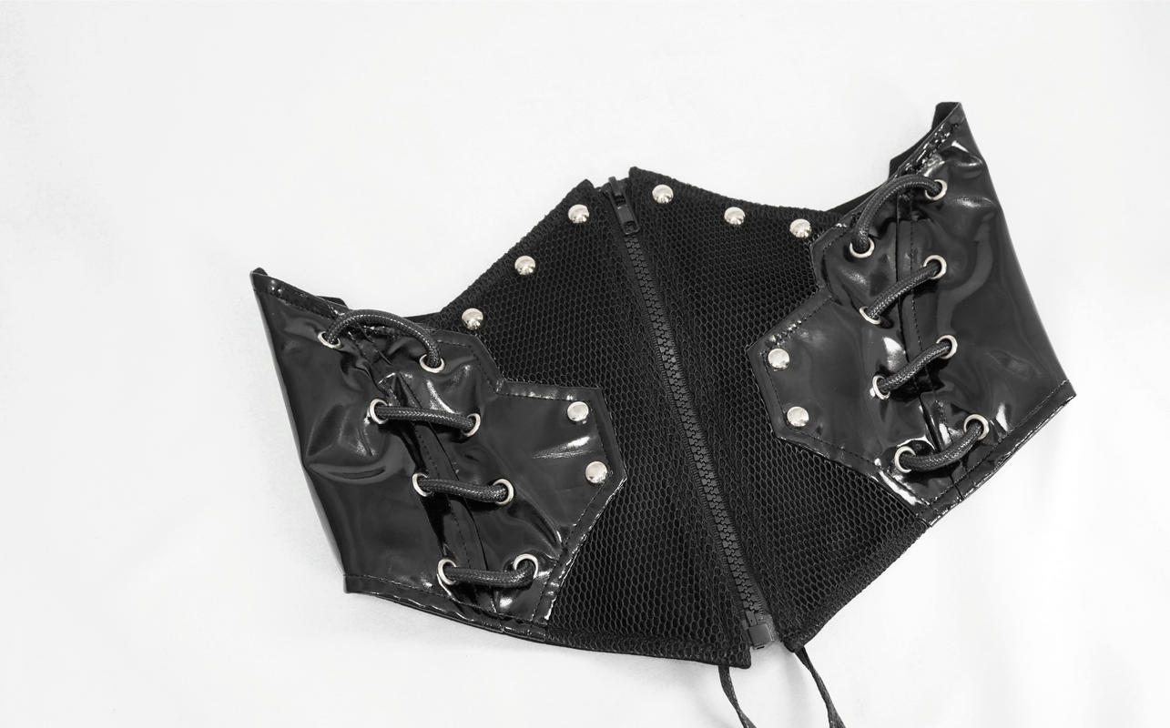 Woven black riveted corset belt for women, perfect for gothic and steampunk outfits, featuring quality materials and silver rivets.
