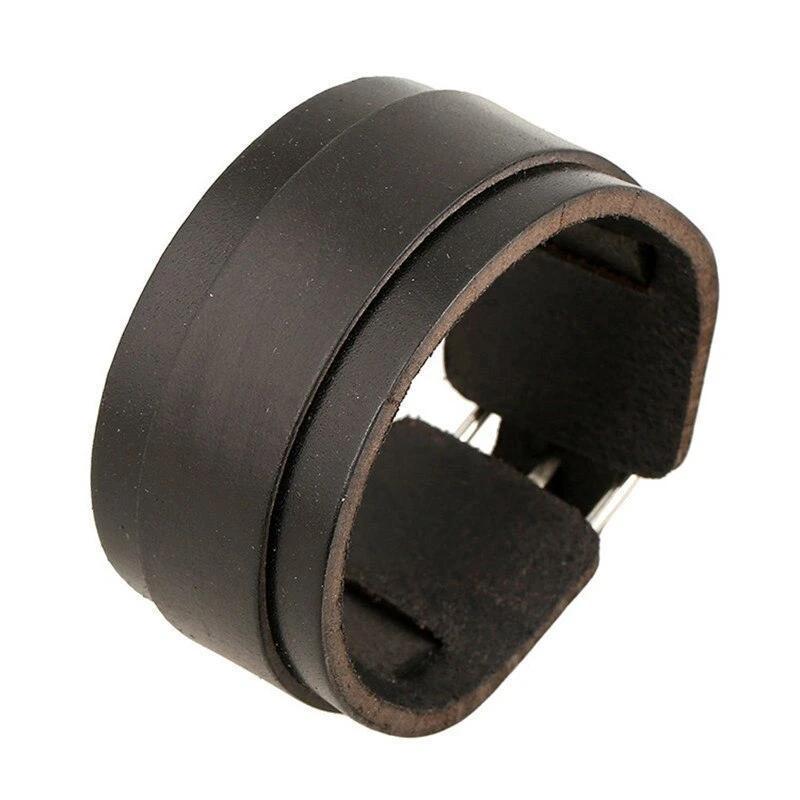 Stylish double wide black leather wristband cuff bracelet, trendy unisex accessory for any outfit.