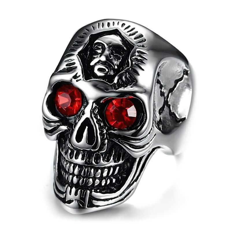 Gothic skull ring made of zinc with red zirconia stones, perfect for punk rock and alternative fashion enthusiasts.