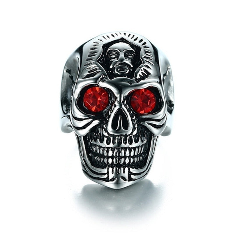 Zinc alloy gothic skull ring with red zirconia stones, perfect for punk rock and biker fashion.