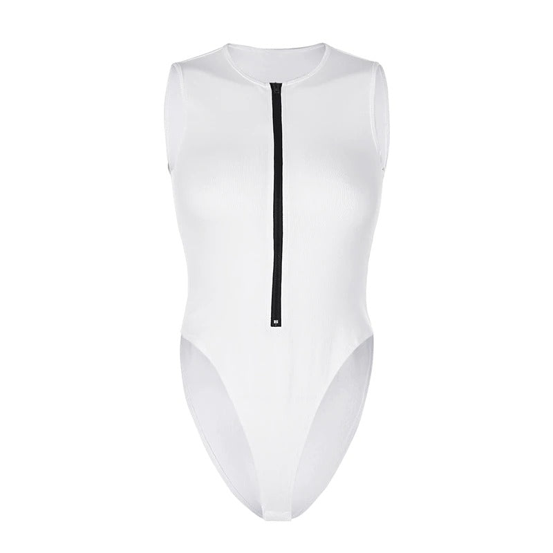 White sleeveless zipper bodysuit for women, stylish one-piece with gothic flair, perfect for summer rock outfits.
