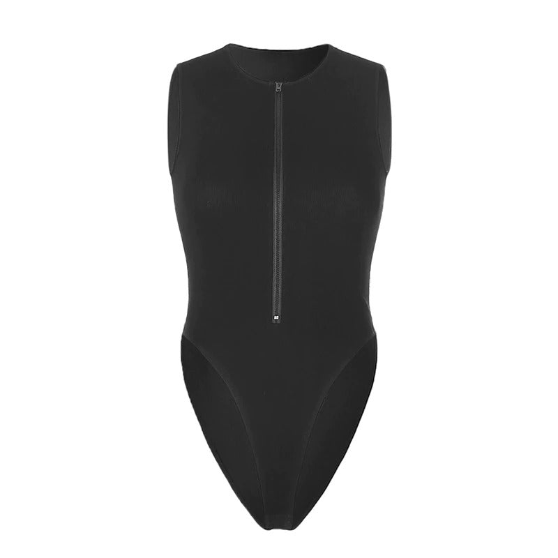 Sleek black zipper sleeveless bodysuit for women, perfect for summer rock outfits and sexy gothic style.