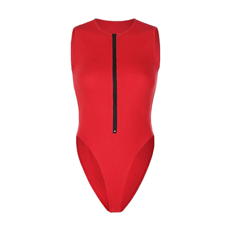 Red sleeveless zipper bodysuit for women, stylish summer one-piece for a sexy look.