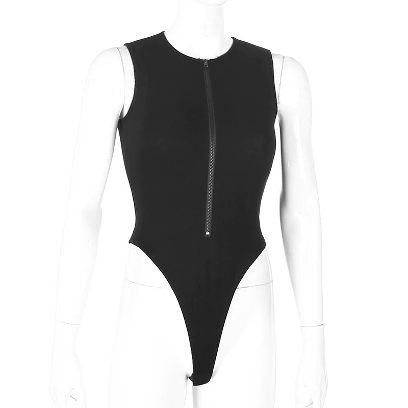 Zipper skinny sexy bodysuit for women, sleeveless black one-piece swimsuit featuring a gothic style.