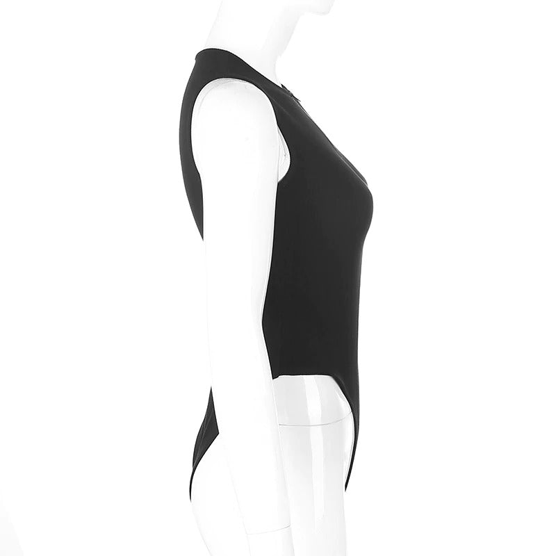 Side view of a sleek black sleeveless zipper bodysuit for women, showcasing its modern and sexy design.