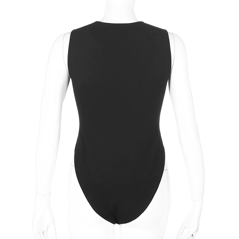 Back view of a black sleeveless zipper bodysuit for women, perfect for summer rock style outfits.