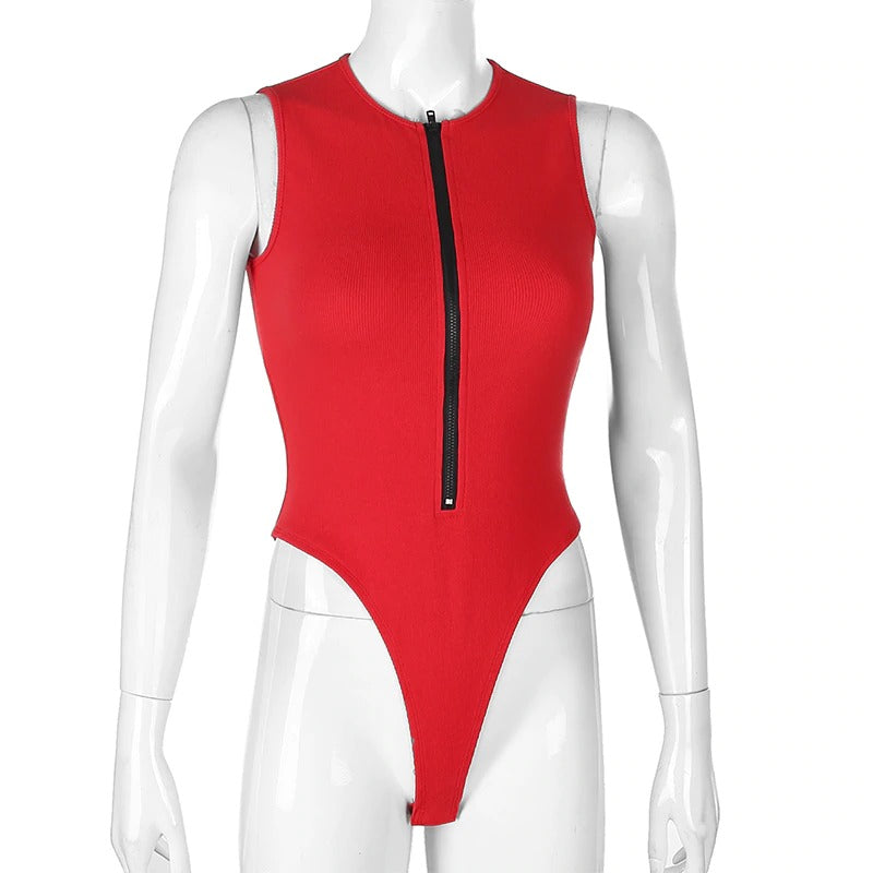 Red sleeveless zipper bodysuit for women, showcasing a sexy gothic style and perfect for summer outfits.