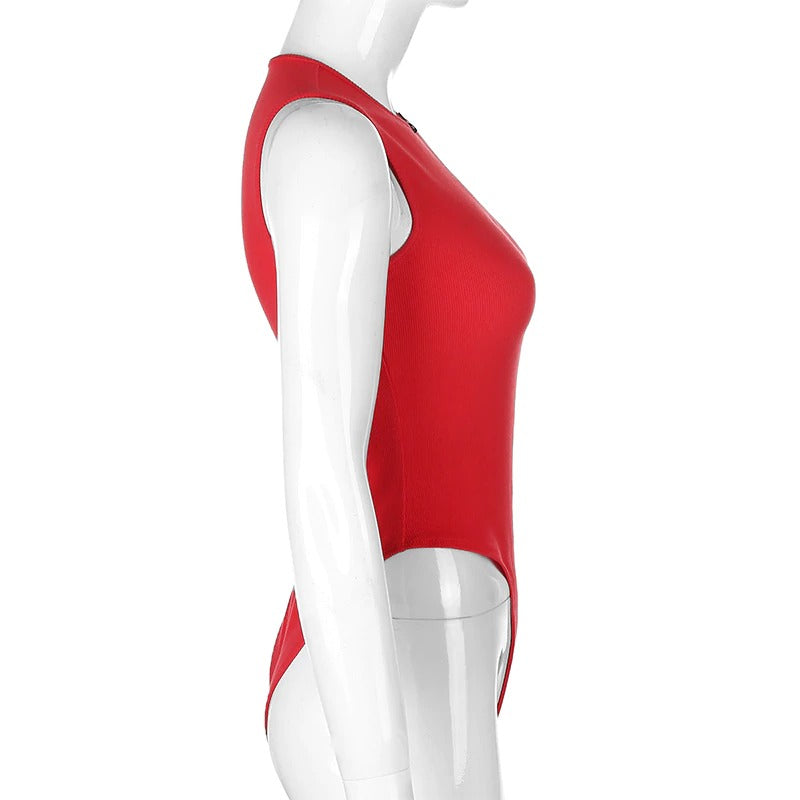 Side view of a red zipper skinny sexy bodysuit for women, showcasing its sleek design for summer fashion.