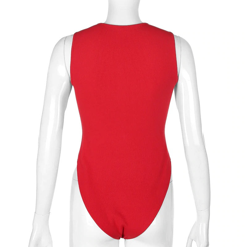 Back view of a red zipper skinny sexy bodysuit for women, perfect for summer outfits.