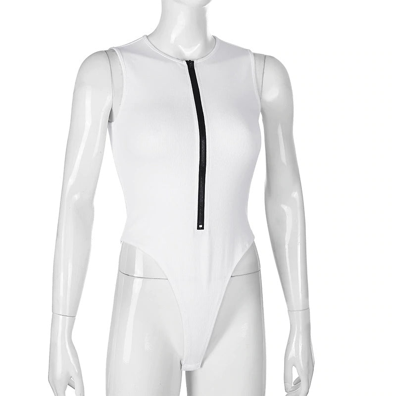 Zipper skinny sexy bodysuit for women, sleeveless white one-piece swimsuit with gothic style.