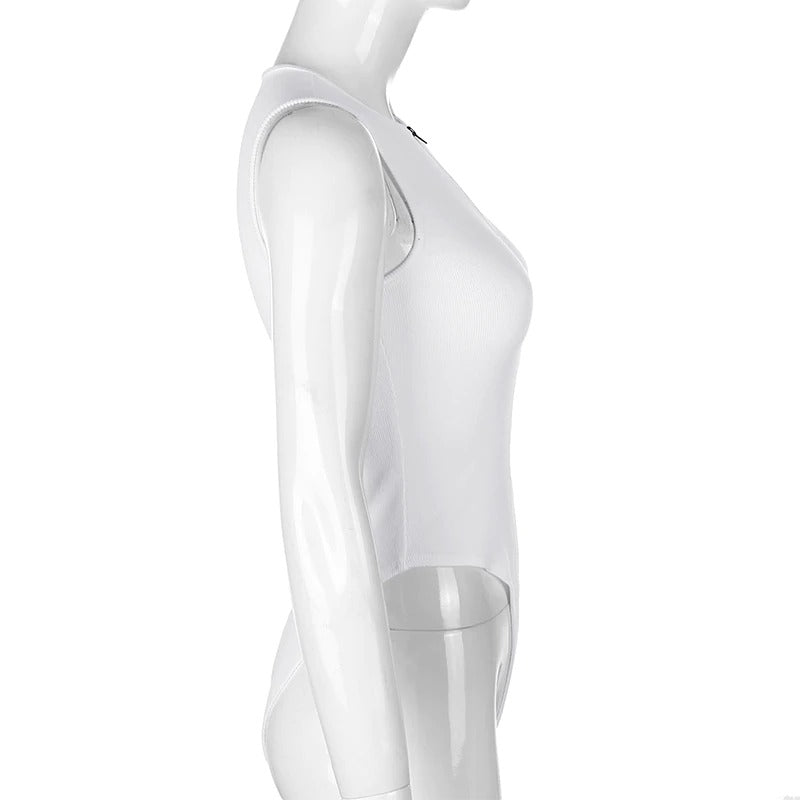 Side view of a sleek, sleeveless white bodysuit for women, showcasing its smooth design and fit.