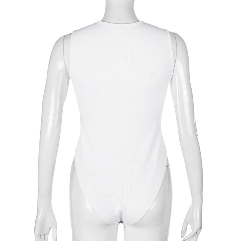 Back view of a women's sleeveless white zipper bodysuit, showcasing its sleek design and stylish fit.
