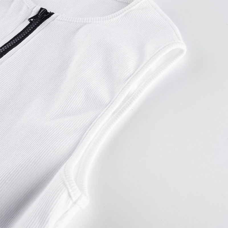 Close-up of a white sleeveless bodysuit featuring a zippered front, perfect for summer styles.